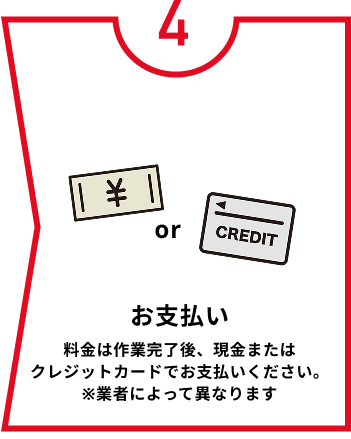 お支払い 料金は作業完了後、現金またはクレジットカードでお支払いください。※業者によって異なります